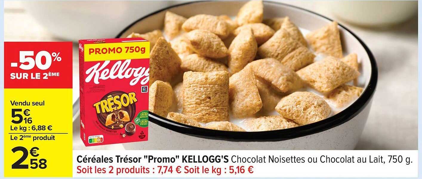 Céréales Trésor "Promo" KELLOGG'S Chocolat Noisettes ou Chocolat au Lait, 750 g.