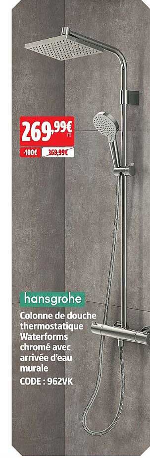 Colonne de douche thermostatique Waterforms chromé avec arrivée d'eau murale