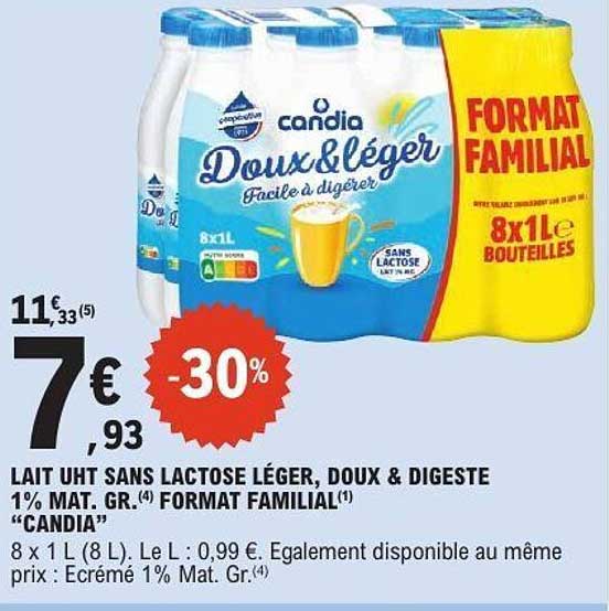 LAIT UHT SANS LACTOSE LÉGER, DOUX & DIGESTE 1% MAT. GR. FORMAT FAMILIAL "CANDIA"