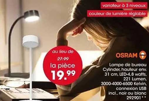 Lampe de bureau Cylinder, hauteur env. 31 cm, LED 4.8 watts, 221 Lumen, 3000-4000-6500 Kelvin, connexion USB incl., noir ou blanc 292901