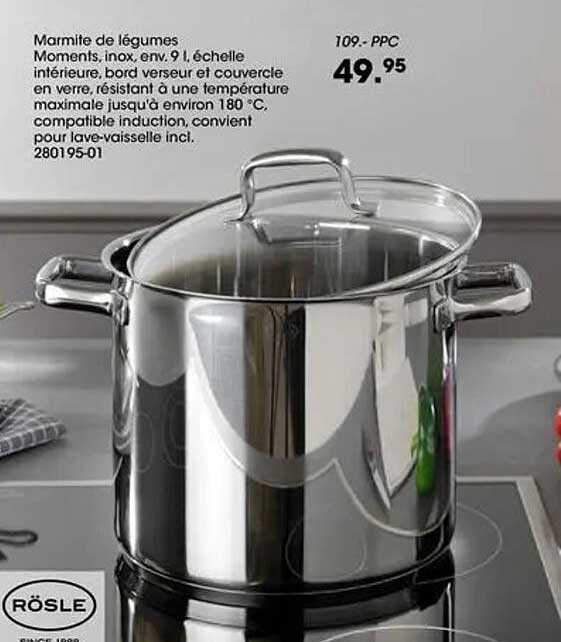 Marmite de légumes Moments, inox, env. 9 l, échelle intérieure, bord verseur et couvercle en verre, résistant à une température maximale jusqu'à environ 180 °C, compatible induction, convient pour lave-vaisselle incl.
