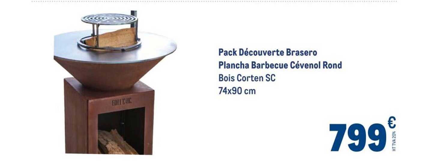 Pack Découverte Brasero Plancha Barbecue Cévenol Rond Bois Corten SC 74x90 cm