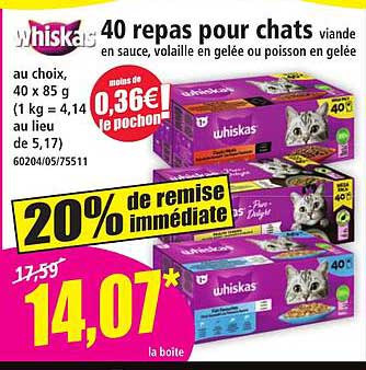 40 repas pour chats viande en sauce, volaille en gelée ou poisson en gelée