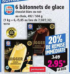 6 bâtonnets de glace chocolat blanc ou noir