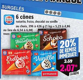 6 cônes noisette, fraise, chocolat ou vanille