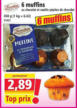 6 muffins au chocolat et vanille pépites de chocolat