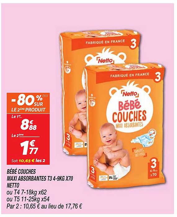 BÉBÉ COUCHES MAXI ABSORBANTES T3 4-9KG X70 NETTO