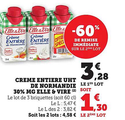 CREME ENTIER UHT DE NORMANDIE 30% MG ELLE & VIRE
