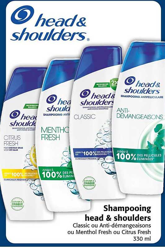 Shampooing head & shoulders Classic ou Anti-démangeaisons ou Menthol Fresh ou Citrus Fresh 330 ml