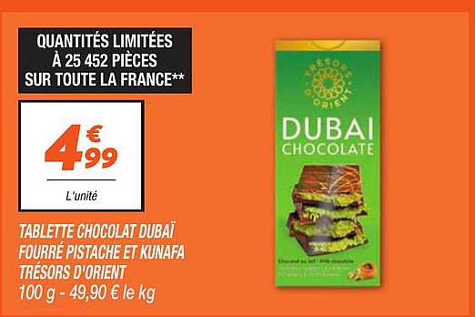 TABLETTE CHOCOLAT DUBAI FOURRÉ PISTACHE ET KUNAFA TRÉSORS D'ORIENT