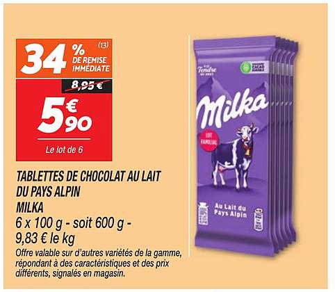 TABLETTES DE CHOCOLAT AU LAIT DU PAYS ALPIN MILKA