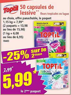 Toptil 50 capsules de lessive fleurs tropicales ou lagon
