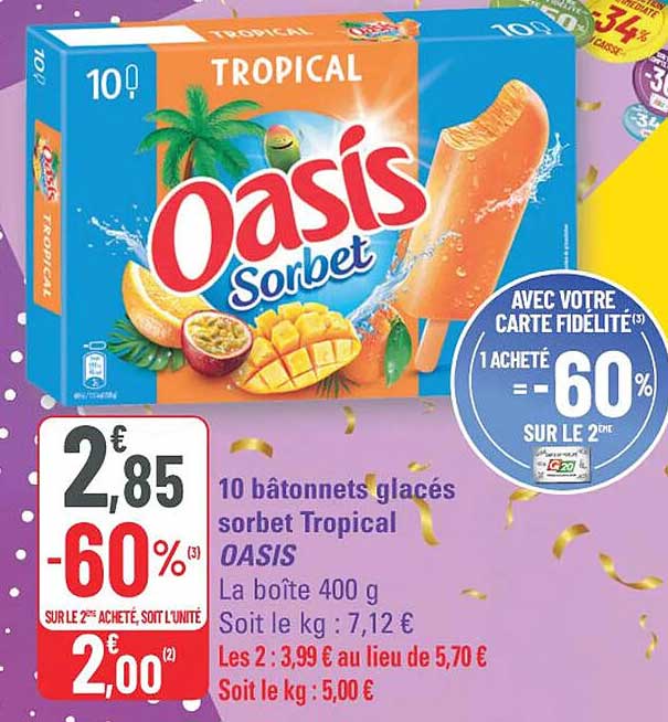 10 bâtonnets glacés sorbet Tropical OASIS