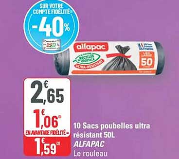 10 Sacs poubelles ultra résistant 50L ALFAPAC Le rouleau