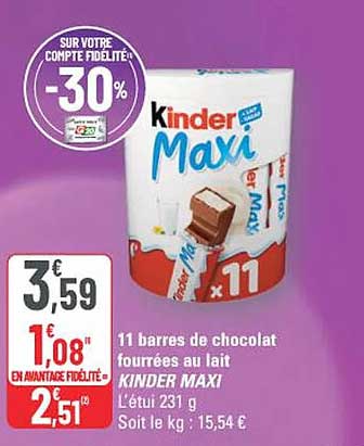 11 barres de chocolat fourrées au lait KINDER MAXI