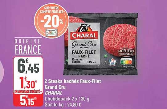 Promo 2 Steaks Hachés Faux-Filet Grand Cru Charal L'hebdopack 2 X 130 G ...