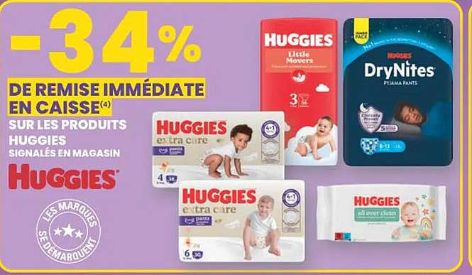 -34% DE REMISE IMMÉDIATE EN CAISSE(4) SUR LES PRODUITS HUGGIES SIGNALÉS EN MAGASIN