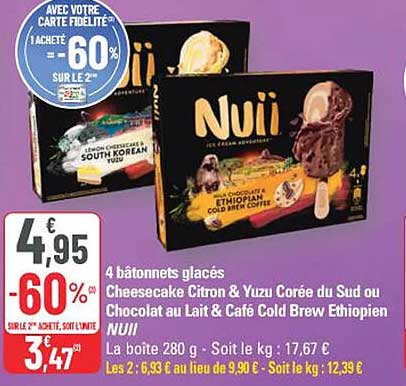 4 bâtonnets glacés Cheesecake Citron & Yuzu Corée du Sud ou Chocolat au Lait & Café Cold Brew Ethiopian NUII