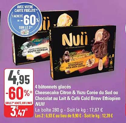 4 bâtonnets glacés Cheesecake Citron & Yuzu Corée du Sud ou Chocolat au Lait & Café Cold Brew Éthiopien NUII