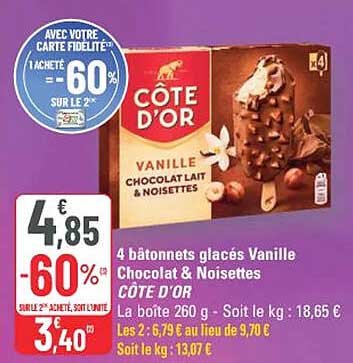 4 bâtonnets glacés Vanille Chocolat & Noisettes CÔTE D'OR