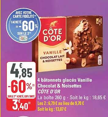 4 bâtonnets glacés Vanille Chocolat & Noisettes CÔTE D'OR