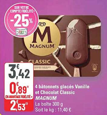 4 bâtonnets glacés Vanille et Chocolat Classic MAGNUM