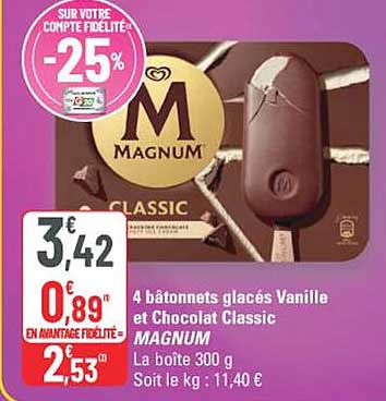 4 bâtonnets glacés Vanille et Chocolat Classic MAGNUM La boite 300 g Soit le kg : 11,40 €