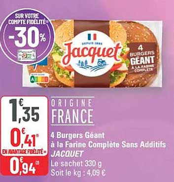 4 Burgers Géant à la Farine Complète Sans Additifs JACQUET