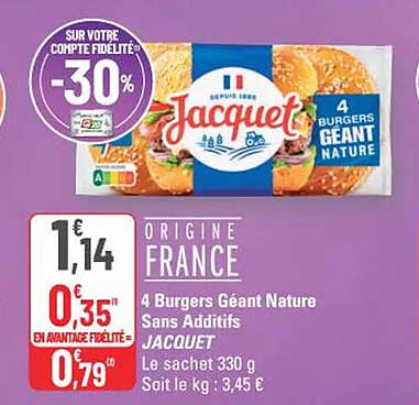 4 Burgers Géant Nature Sans Additifs JACQUET