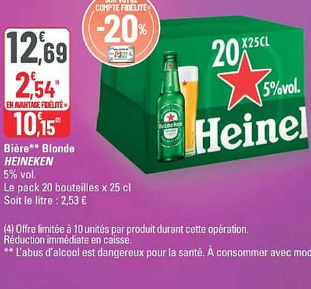 Bière Blonde HEINEKEN 5% vol. Le pack 20 bouteilles x 25 cl Soit le litre : 2,53 €
