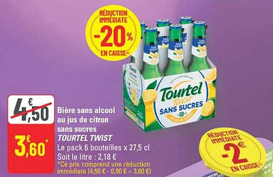 Bière sans alcool au jus de citron sans sucres TOURTEL TWIST