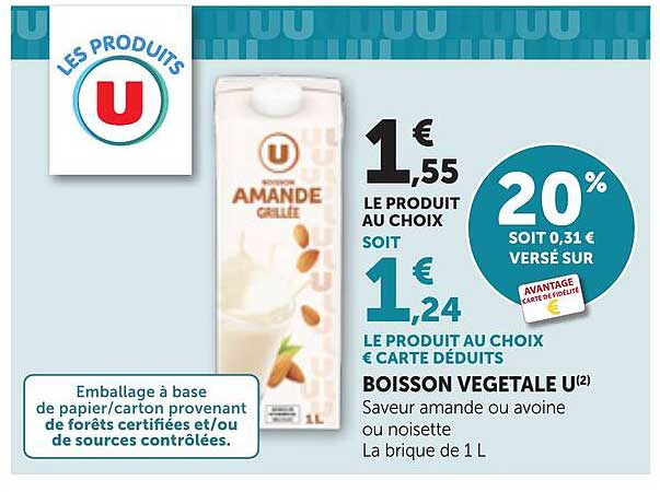 BOISSON VEGETALE U(2) Saveur amande ou avoine ou noisette La brique de 1 L