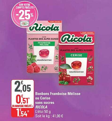 Bonbons Framboise Mélisse ou Cerise sans sucres RICOLA
