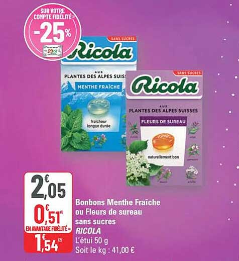 Bonbons Menthe Fraîche ou Fleurs de sureau Sans sucres RICOLA
