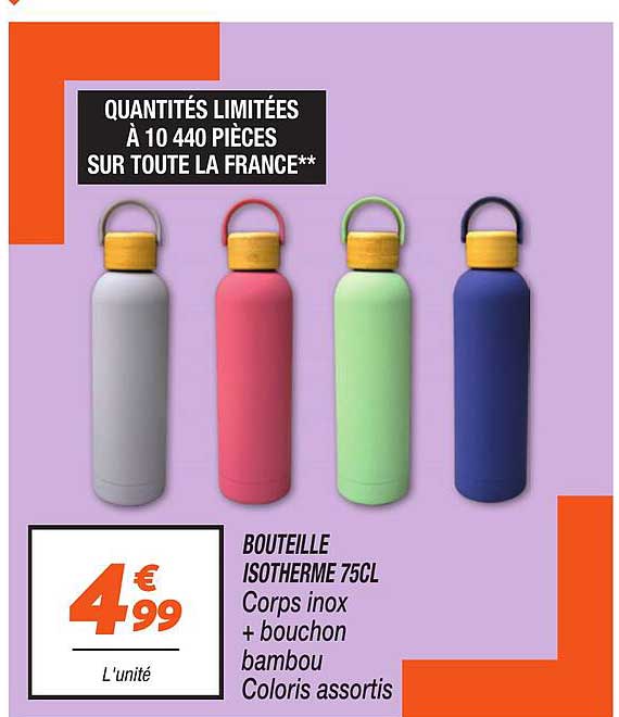 BOUTEILLE ISOTHERME 75CL Corps inox + bouchon bambou Coloris assortis