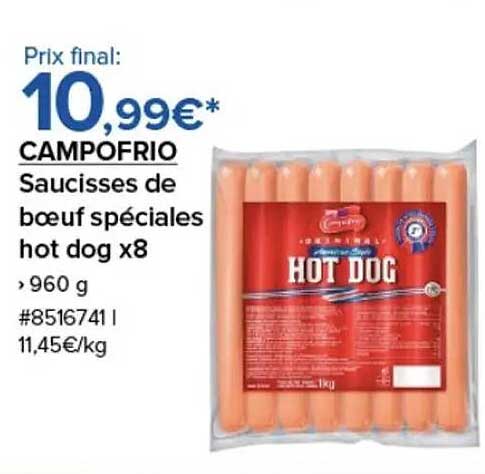 CAMPOFRIO Saucisses de boeuf spéciales hot dog x8