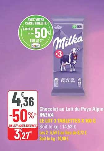 Chocolat au lait du Pays Alpin MILKA LE LOT 3 TABLETTES X 100 G