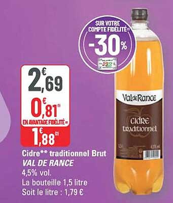 Cidre traditionnel Brut VAL DE RANCE 4,5% vol. La bouteille 1,5 litre Soit le litre : 1,79 €