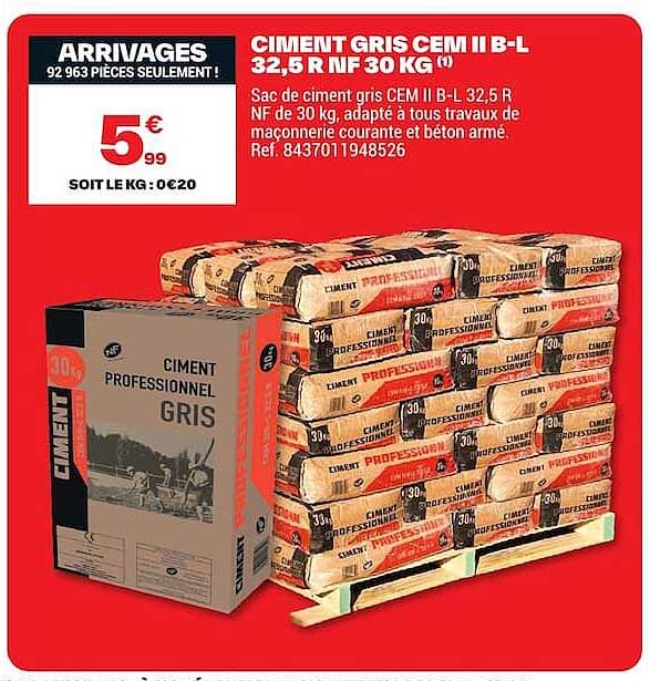 CIMENT GRIS CEM II B-L 32,5 R NF 30 KG