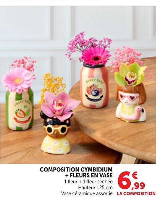 COMPOSITION CYMBIDIUM + FLEURS EN VASE