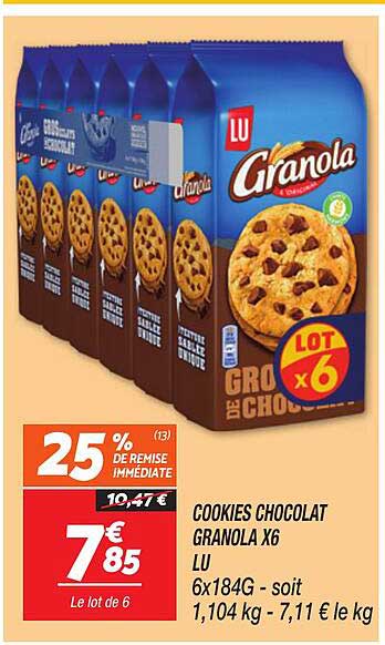 COOKIES CHOCOLAT GRANOLA X6 LU 6x184G - soit 1,104 kg - 7,11 le kg