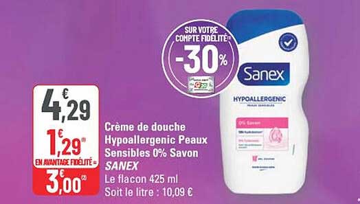 Crème de douche Hypoallergenique Peaux Sensibles 0% Savon SANEX