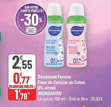 Déodorant Femme Fleur de Cerisier ou Coton MONSAVON