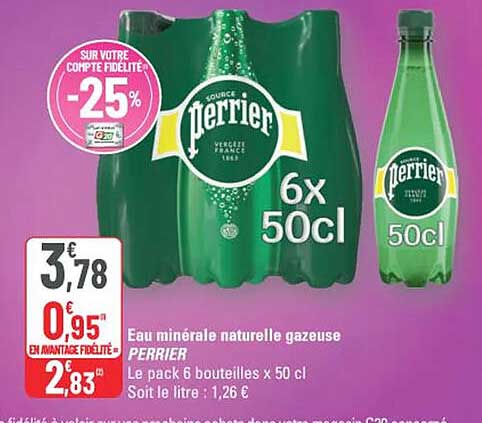 Eau minérale naturelle gazeuse PERRIER Le pack 6 bouteilles x 50 cl Soit le litre : 1,26 €