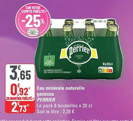 Eau minérale naturelle gazeuse PERRIER Le pack 8 bouteilles x 20 cl Soit le litre : 2,28 €