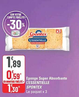 Eponge Super Absorbante L’ESSENTIELLE SPONTEX Le paquet x 3