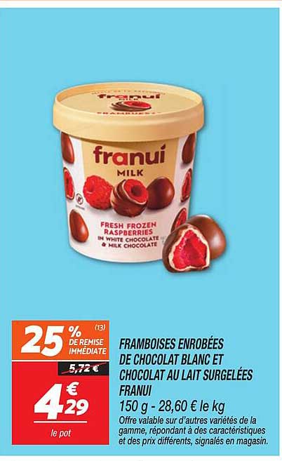 FRAMBOISES ENROBÉES DE CHOCOLAT BLANC ET CHOCOLAT AU LAIT SURGELÉES FRANUI