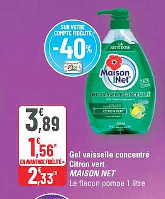 Gel vaisselle concentré Citron vert MAISON NET Le flacon pompe 1 litre