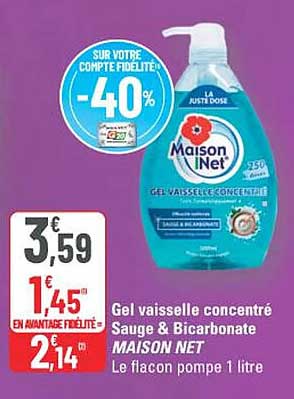 Gel vaisselle concentré Sauge & Bicarbonate MAISON NET Le flacon pompe 1 litre