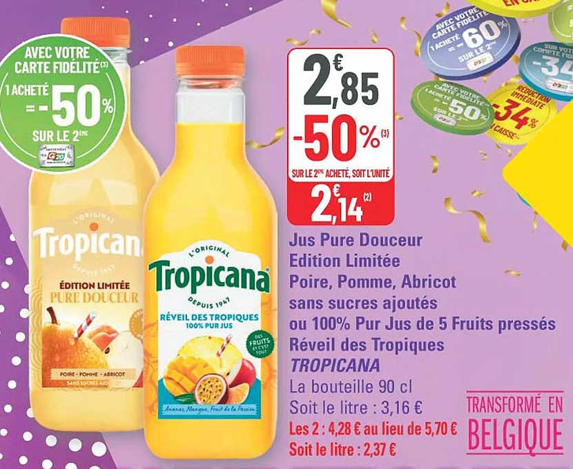 Jus Pure Douceur Edition Limitée Poire, Pomme, Abricot sans sucres ajoutés ou 100% Pur Jus de 5 Fruits pressés Réveil des Tropiques TROPICANA